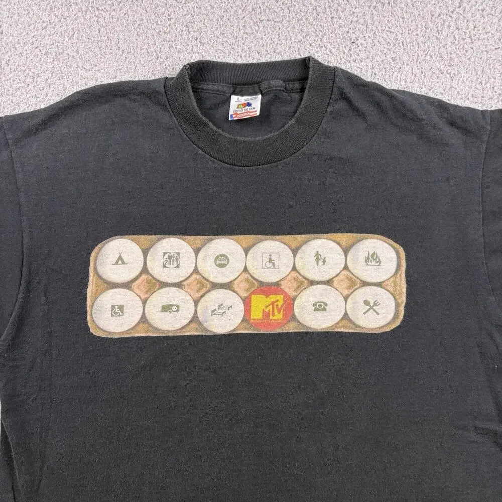 VTG MTV Shirt Mens L Black USA Fruit The Loom Pre Shrunk Egg Single Stitch 90s - Picture 3 of 12